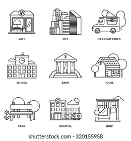 City and buildings vector icons set modern line style