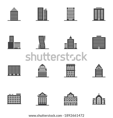 City buildings vector icons set, modern solid symbol collection, filled style pictogram pack. Signs, logo illustration. Set includes icons as real estate, residential building, skyscraper office, home