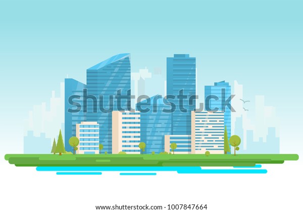 城市建筑矢量插图 小型建筑 大型摩天大楼和大城市高大的摩天大楼的背景 城市街道与公园和树木附近的城市景观 大都会背景 库存矢量图 免版税