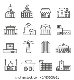 City buildings vector linear icons set. Urban architecture thin line illustrations pack. Hospital, factory, post office design elements. Apartment and municipal buildings isolated cliparts collection