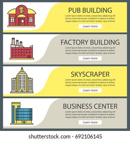 City buildings web banner templates set. Pub, skyscraper, factory, business center. Website color menu items. Vector headers design concepts