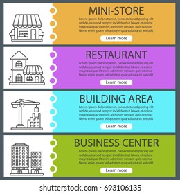 City buildings web banner templates set. Small shop, restaurant, business center, building area. Website color menu items with linear icons. Vector headers design concepts