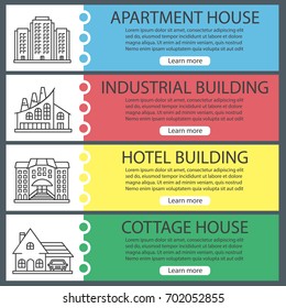 City buildings web banner templates set. Apartment house, industrial factory, hotel, cottage. Website color menu items with linear icons. Vector headers design concepts