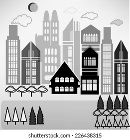 City buildings.Buildings, skyscrapers and constructions. Square vector illustration.