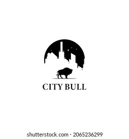 City Bull logo in the form of the circle silhouetted city applied for the housing and apartment business. Angus Cow Cattle Buffalo Bull Silhouette at Pine Fir Conifer Evergreen Tree Forest logo design