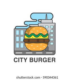 City burger. Buildings and cheeseburger. Big fast food. Vector image, flat design,outline style