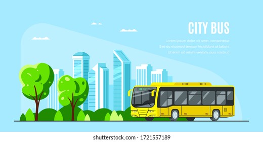 City bus with big city on background. City bus concept banner design. Flat style vector illustration.