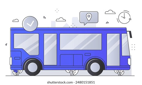 Stadtbuskonzept. Urbane Infrastruktur und Verkehrsmittel für Ausflüge und Reisen. Festliche Musik und Urlaub, Tourismus für die Bürger. Blau groß auto. Flache lineare Vektorillustration auf weißem Hintergrund