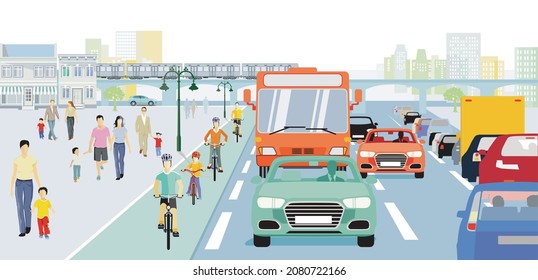 
City with bus and cyclists and traffic, illustration