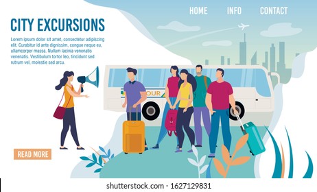 City Bus Excursions, Travel Agency Excursionist Service Trendy Flat Vector Web Banner, Landing Page Template. Female Tour Guide Conducting Excursion with Loudspeaker to Tourists Group Illustration