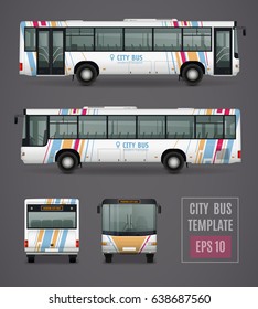 City Bus Grey Template In Realistic Style With Colored Images From All Sides Isolated Vector Illustration