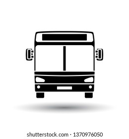 Stadtbus-Ikone-Vorderansicht. Schwarz auf weißem Hintergrund mit Schatten. Vektorgrafik.