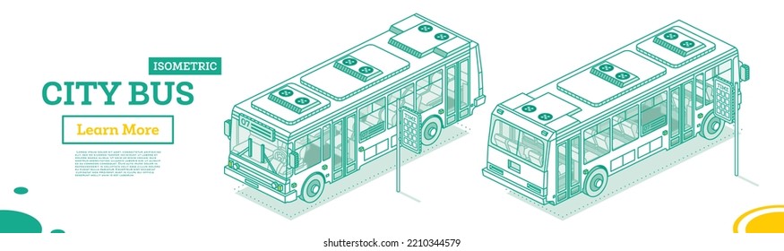 City Bus. Isometric Outline Concept. Vector Illustration. Design Element for Infographic Projects. Doors on the Left Side of the Bus and on the Right.