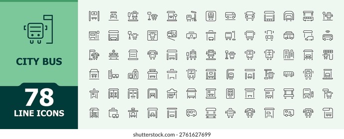 City Bus line icon set. Transportation line icon set. Icons for UI design. Includes thin line symbols car, vehicle, transport, shuttle and more. Editable stroke. Vector illustration.