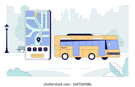 City bus and map app flat banner vector template. Cartoon mobile phone and public transportation on skyscrapers background. Urban traffic tracking application. Online transport system