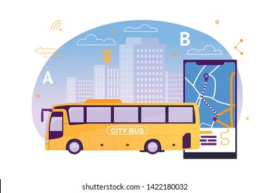 City Bus with Map Application on Mobile Phone Flat Cartoon Vector Illustration. Puplic Transport Route around Town. Urban and Countryside Traffic Concept. Comfortable Moving. Cityscape on Background.