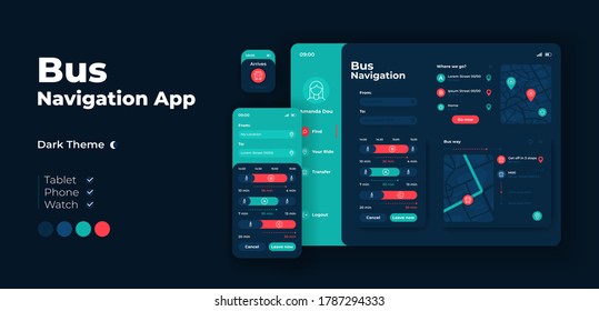 City bus navigation app screen vector adaptive design template. Public transportation service application light mode interface with flat illustrations. Smartphone, tablet, smart watch cartoon UI