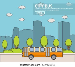 The city bus passenger a retro the old bus in flat style a vector. A landscape with silhouettes of skyscrapers.Public transport a design concept for banners on the websites and mobile applications