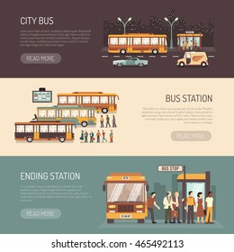 City Bus Public Transport Service Information 3 Flat Horizontal Banners With Terminus Depot Station Isolated Vector Illustration 