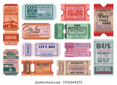 City bus ride retro tickets vector templates set. Passenger transportation department, intercity transport trip admission single ticket with bus, vintage typography and controller tear off perforation