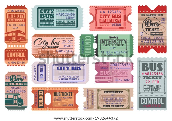 City bus ride retro tickets vector templates\
set. Passenger transportation department, intercity transport trip\
admission single ticket with bus, vintage typography and controller\
tear off perforation