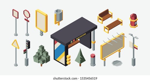 City bus stop 3d isometric vector set. Glass bus station objects collection. Benches, streetlights, garbage can, trash bin, fire hydrant. Modern urban isolated design elements pack