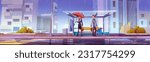 City bus stop at bad rainy weather with people vector background. Sad man and happy woman character with umbrella in shelter bear street road. Rainfall and water puddle on sidewalk urban landscape