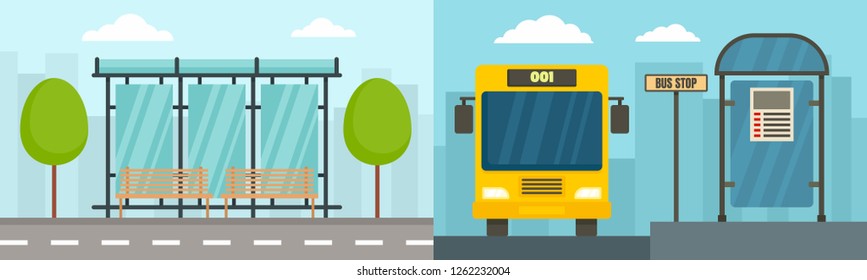 City bus stop banner set. Flat illustration of city bus stop vector banner set for web design