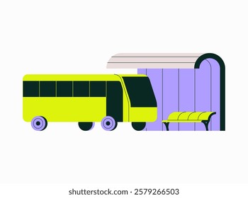 City Bus At A Bus Stop In Flat Vector Illustration Symbolizing Public Transportation, Waiting Area, And Commuting, Isolated On White Background