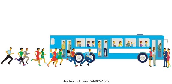 City bus with stop and hurrying passengers illustration