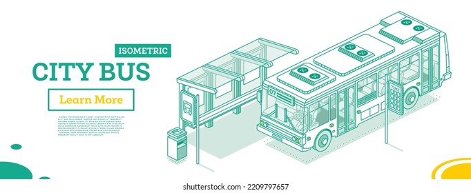 City Bus and Bus Stop. Isometric Outline Concept. Vector Illustration. Design Element for Infographic Projects. City Transport.