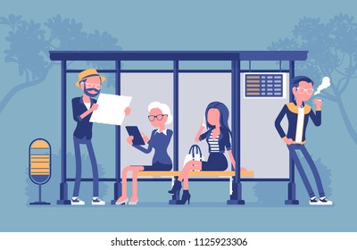 City bus stop people. Diverse group of citizens, passengers wait for a public transportation in town, spend time in expectation. Vector illustration, faceless characters