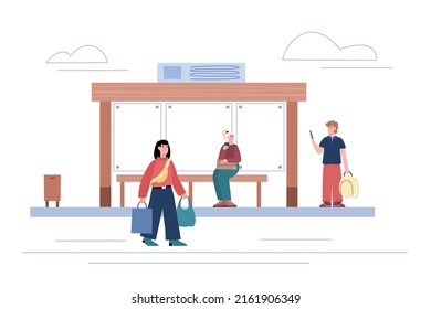 City bus stop with people waiting for transport, flat cartoon vector illustration isolated on white background. City transportation and commuting concept.