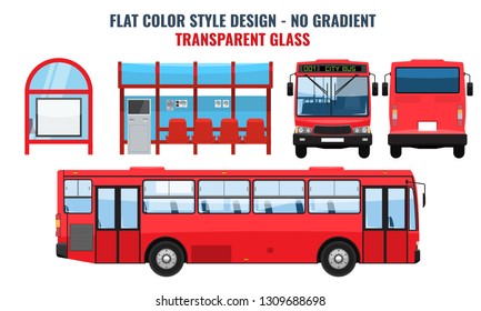 City Bus and Bus stop, side front and back view. Flat color style vector illustration.