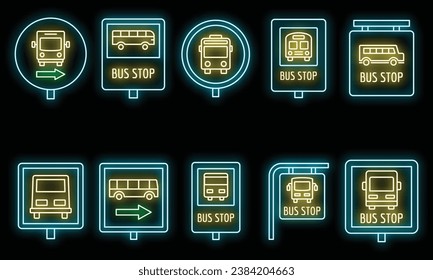 City bus stop sign icon set. Outline set of city bus stop sign vector icons neon color on black