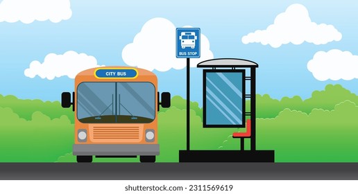 Parada de autobuses urbanos, transporte urbano, ilustración vectorial, estación de autobuses