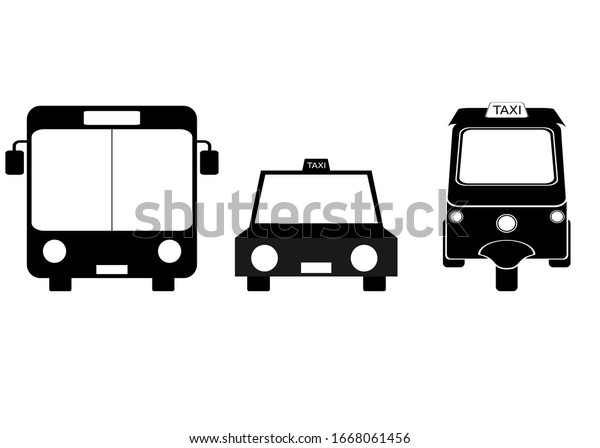 city\
bus, taxi, and tuk tuk transportation icon\
vector