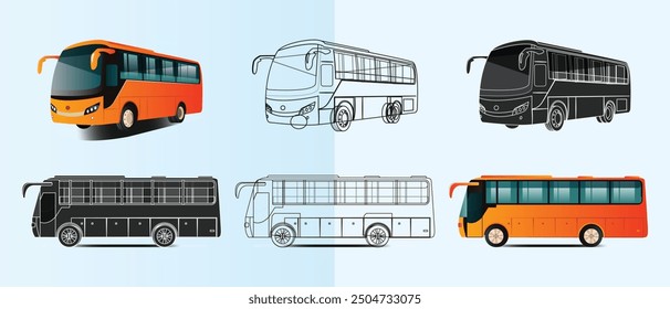 City bus template Passenger transport side view with line art and silhouette