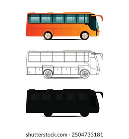 City bus template Passenger transport side view with line art and silhouette