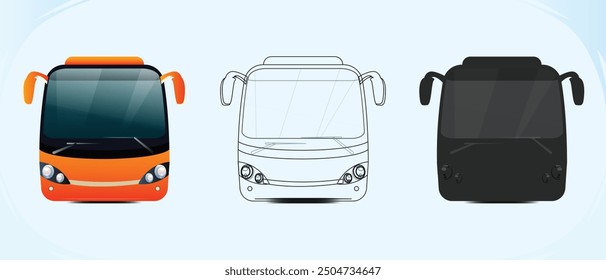 City bus template Passenger transport front view with line art and silhouette