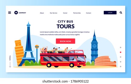 City Bus Tour In Double Decker, Banner Poster Design Template. Vector Flat Cartoon Illustration Of Group Of Tourists On Excursion In Europe. Travel And Tourism Concept