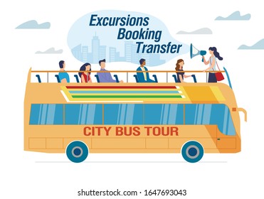 City Bus Tour and Excursion Booking Transfer Advert. Happy Excited People Tourist Traveling with Guide Holding Megaphone. Two-Deck Vehicle with Open Roof. City Voyage. Vector Illustration