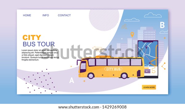 City Bus Tour Flat Cartoon Banner Vector\
Illustration. Bus Vehicle with Map Application on Mobile Phone.\
Puplic Transport Route. Urban and Countryside Traffic. Comfortable\
Moving Website Design.