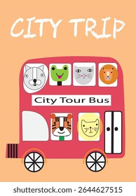 "City Bus Tour" is a lively children’s painting showing a bright red bus driving through a busy city with happy passengers, tall buildings, and smiling faces—full of fun, color, and adventure.