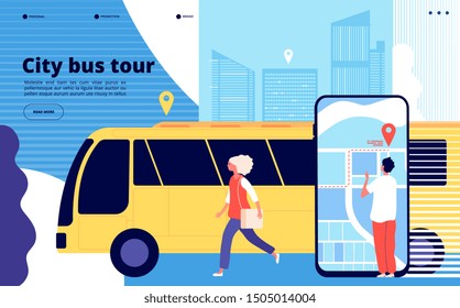 City bus tour. Tourists and urban bus vehicle with cityscape and map mobile app. Tourism and transportation vector landing page