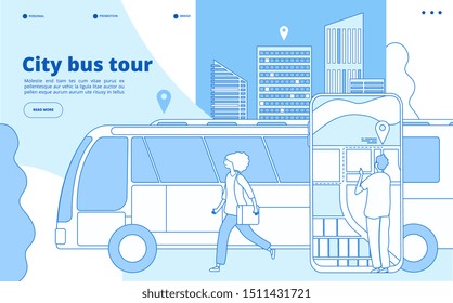 City bus tour. Urban bus excursion, tourists with cityscape and map smartphone app. Tourism and transportation vector line concept