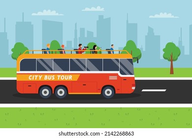 City bus tour vector concept. Passengers having trip with a city bus tour while enjoying sightseeing tour