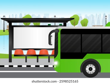 City Bus. Transportation Bus. Smart Bus Driving to Bus Stop. Vector Illustration.