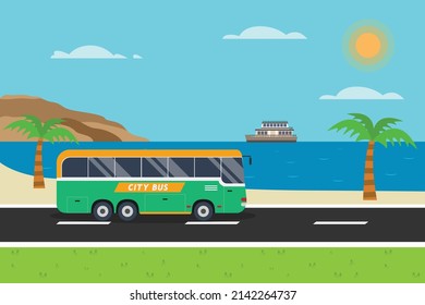 City bus vector concept. City bus moving on the road with beach background