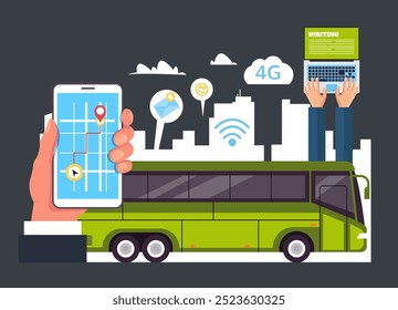 City bus with wi-fi online technology wireless concept. Vector cartoon graphic design element illustration